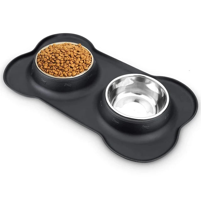 Non-Slip Double Dog Bowl with Silicone Mat - PetAura