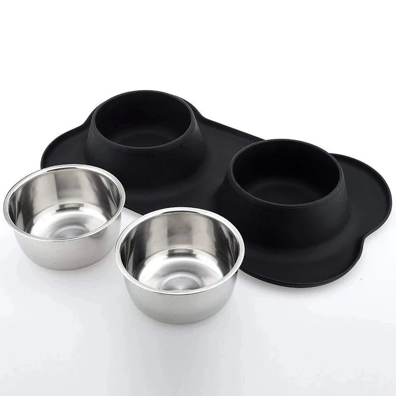 Non-Slip Double Dog Bowl with Silicone Mat - PetAura