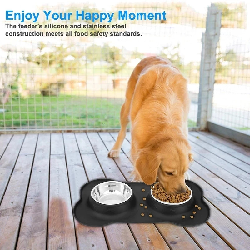 Non-Slip Double Dog Bowl with Silicone Mat - PetAura