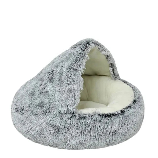 Plush Hooded Pet Bed Round Fluffy Soft Cat Bed Pet Cushion Warm Cat Dog 2 in 1 Sleeping Nest Cave for Small Dogs