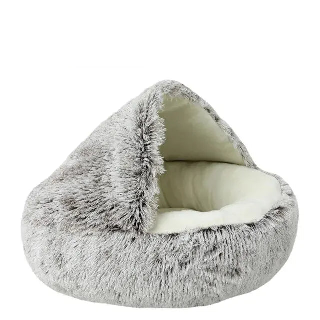 Plush Hooded Pet Bed Round Fluffy Soft Cat Bed Pet Cushion Warm Cat Dog 2 in 1 Sleeping Nest Cave for Small Dogs