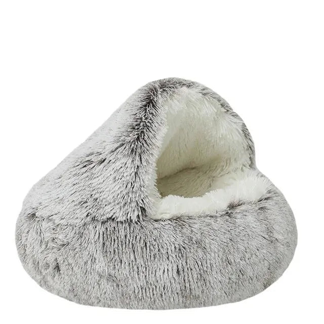 Plush Hooded Pet Bed Round Fluffy Soft Cat Bed Pet Cushion Warm Cat Dog 2 in 1 Sleeping Nest Cave for Small Dogs