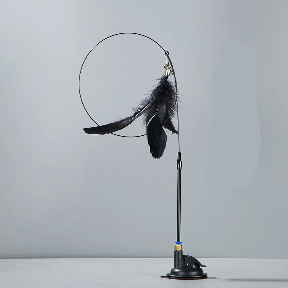 Cat Toy Cat Teaser Stick With Bell Extended Rod Suction Cup Self High And Durable Bite Teaser Tool Replaceable Feather Head