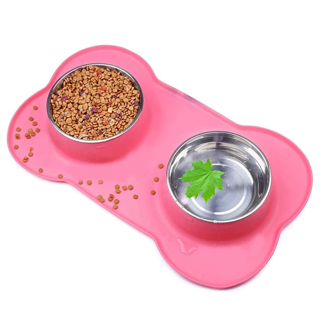 Non-Slip Double Dog Bowl with Silicone Mat - PetAura