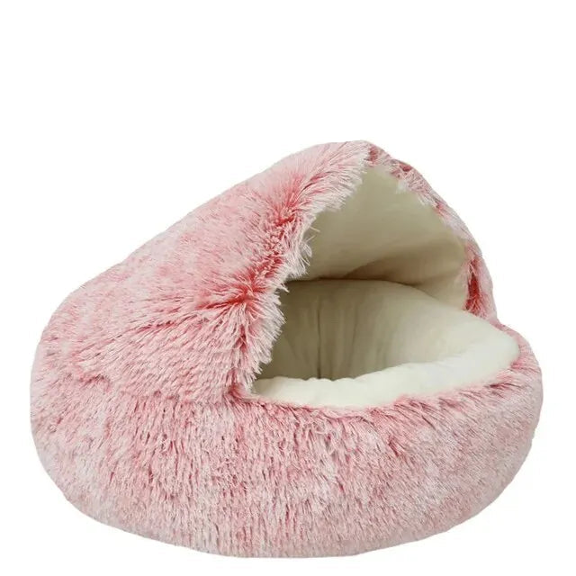 Plush Hooded Pet Bed Round Fluffy Soft Cat Bed Pet Cushion Warm Cat Dog 2 in 1 Sleeping Nest Cave for Small Dogs
