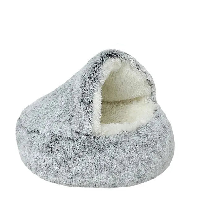 Plush Hooded Pet Bed Round Fluffy Soft Cat Bed Pet Cushion Warm Cat Dog 2 in 1 Sleeping Nest Cave for Small Dogs